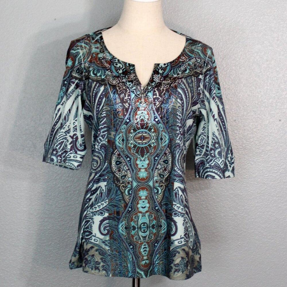 Apt. 9 Blue Teal Pattern Embellished Stud Blouse Size L